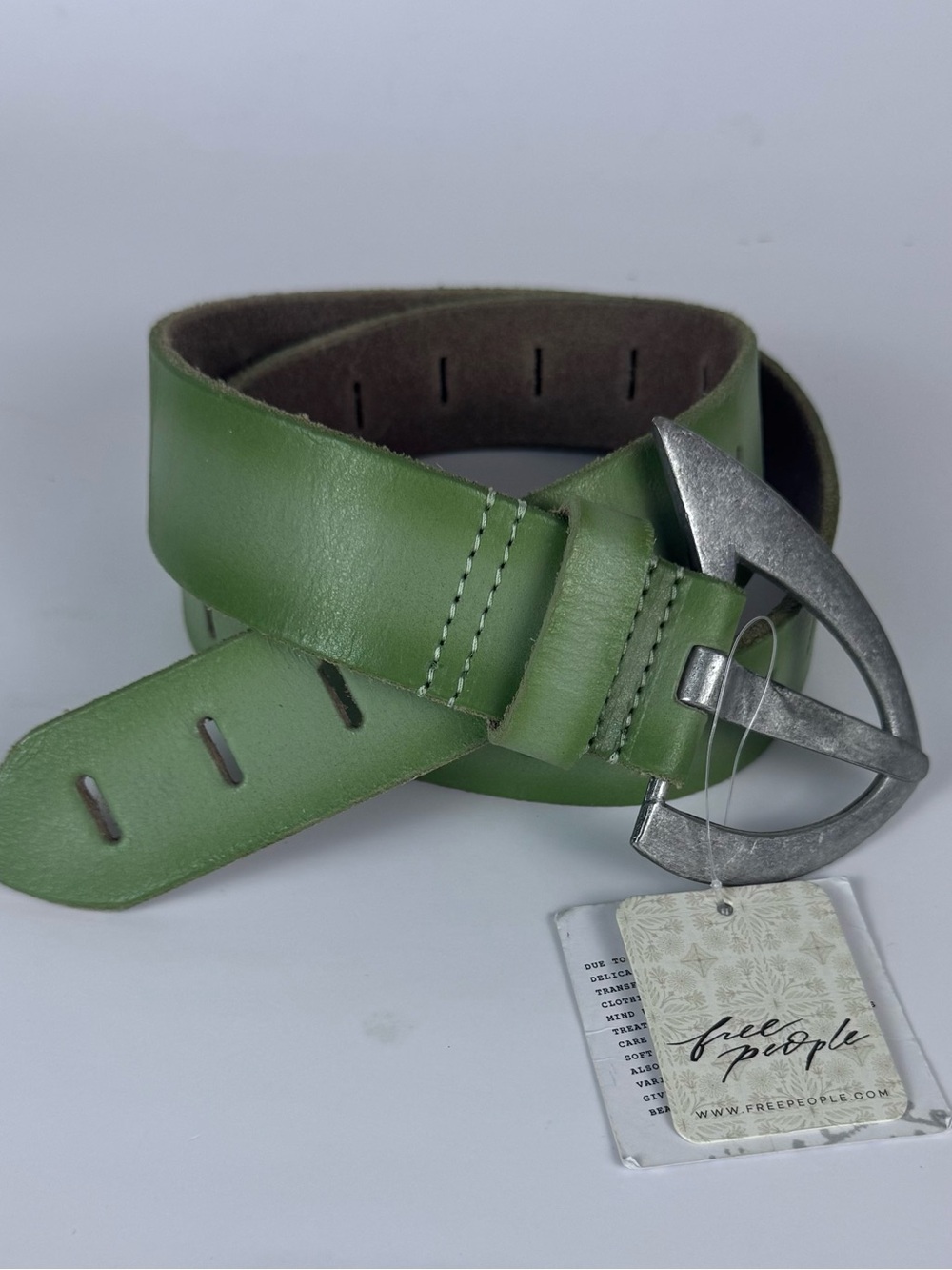 Free People Sage Green Leather Belt with Antiqued Metal Buckle S/M